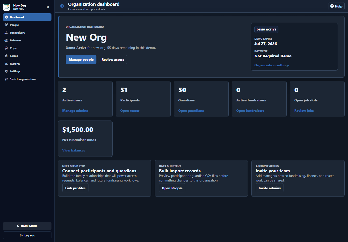 Organization dashboard screen showing setup shortcuts and summary cards