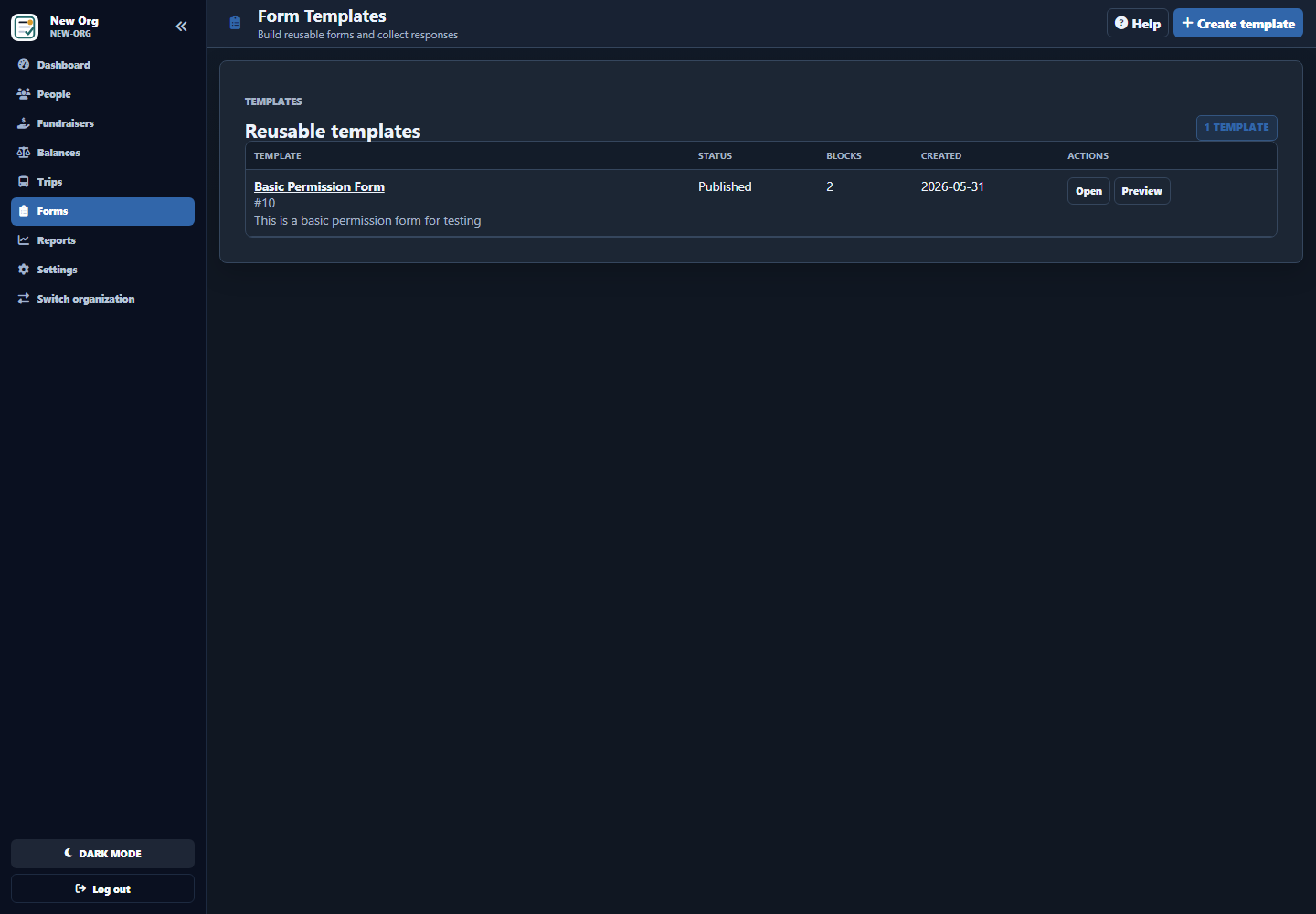 Form templates screen showing reusable form template rows and actions