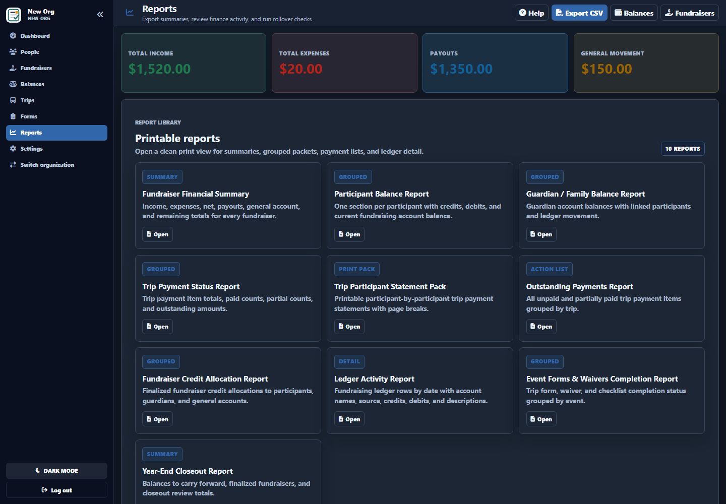 Reports screen showing finance totals, printable reports, and export actions