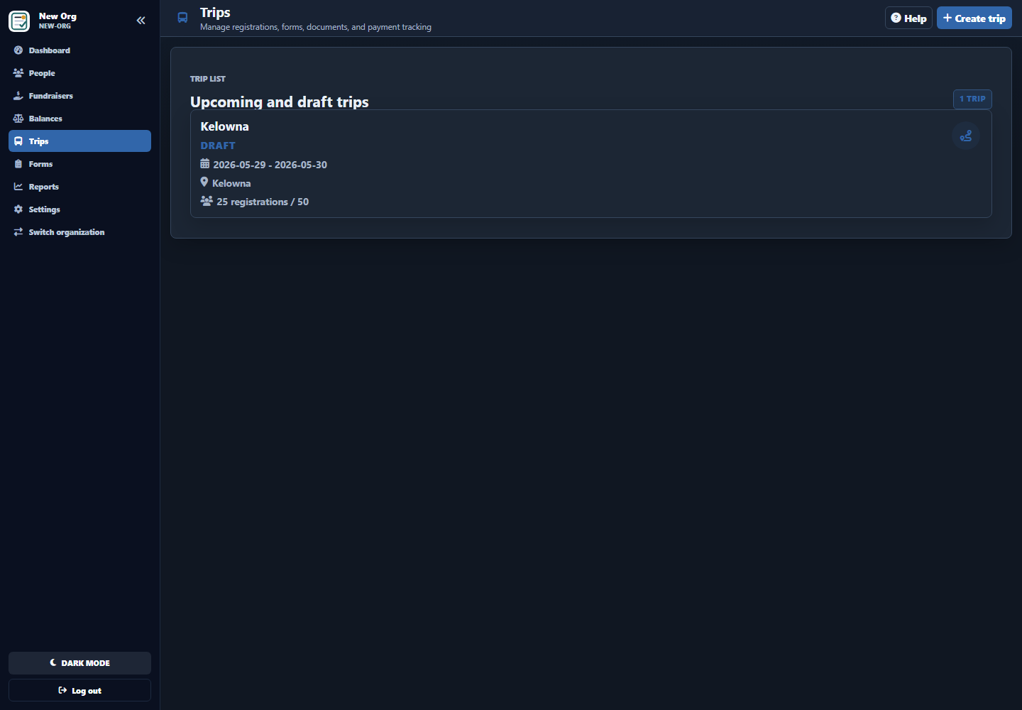 Trips screen showing a draft trip with date, location, and registration counts
